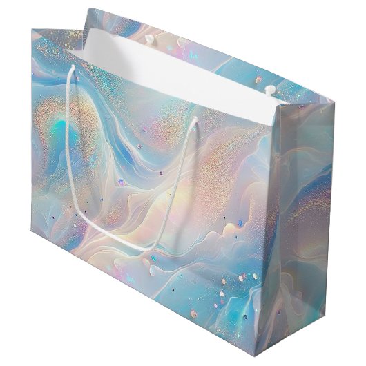 ブルーホログラフィックオパール金ゴールドグリッターメイクアップ、美しい ラージペーパーバッグ (正面アングル)
