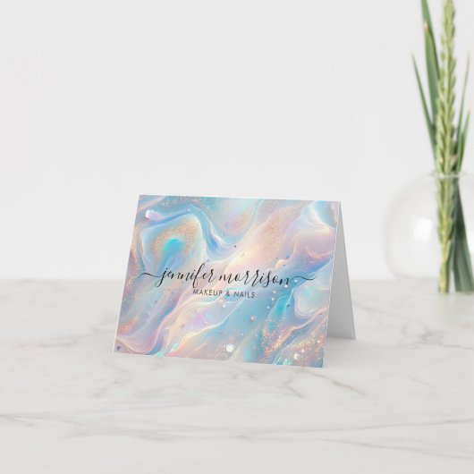 ブルーホログラフィックオパール金ゴールドパーソナライズされたグリッター カード (正面)