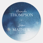 ブルーホワお洒落イトスノーフレーク結婚ズ ラウンドシール (正面)