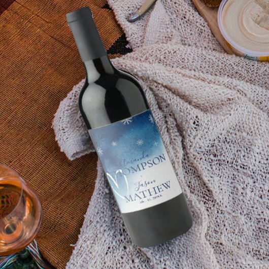 ブルーホワお洒落イトスノーフレーク結婚ズ ワインラベル