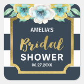 ブルーホワイトおよびフェイク金ゴールドフローラブライダルシャワー スクエアシール (正面)