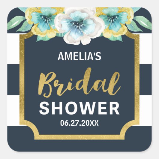 ブルーホワイトおよびフェイク金ゴールドフローラブライダルシャワー スクエアシール (正面)