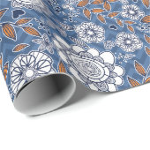 ブルーホワイトとオレンジのフローラデザイン ラッピングペーパー (ロールコーナー)