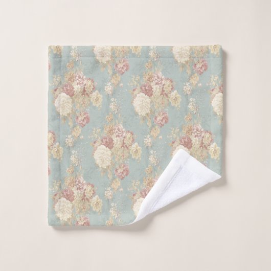 ブルーホワイトとピンクのフローラシャビーシック バスタオルセット (ウォッシュタオル)