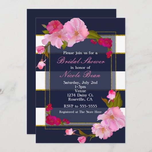 ブルーホワイトと金ゴールドモダンフローラシックパーティー 招待状 (正面/裏面)