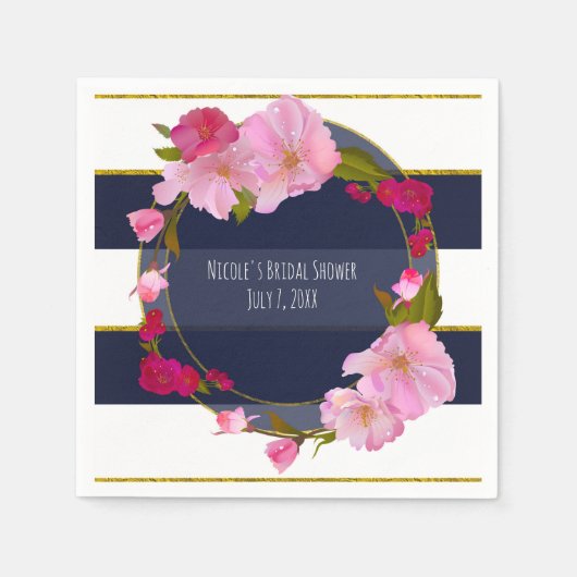 ブルーホワイトと金ゴールドモダンフローラシックGlamパーティー スタンダードカクテルナプキン (正面)