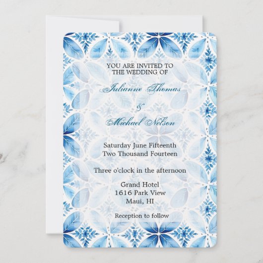 ブルーホワイトろうけつ染め結婚フローラ 招待状 (正面)