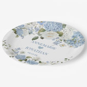 ブルーホワイトアジサイ、ホワイトローズフローラ結婚ズ ペーパープレート (アングル)