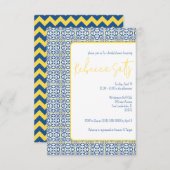ブルーホワイトイエロータイル地中海のブライダルシャワー 招待状 (正面/裏面)