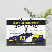ブルーホワイトイエローレースカー誕生日パーティー カード (スタンド正面)