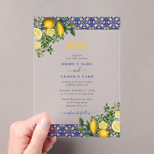 ブルーホワイトイエロー地中海のタイルレモンズ結婚ーズ アクリル招待状 (インサイチュ (ポータブル))