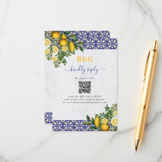 ブルーホワイトイエロー地中海のタイルレモンズ結婚ーズ エンクロージャーカード (正面/裏面インサイチュ)