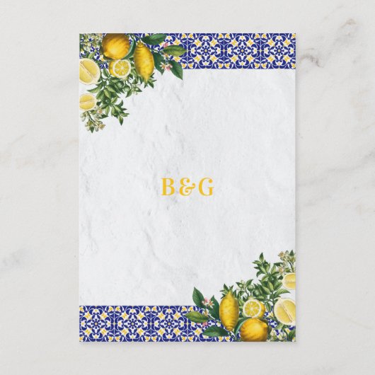 ブルーホワイトイエロー地中海のタイルレモンズ結婚ーズ エンクロージャーカード (裏面)
