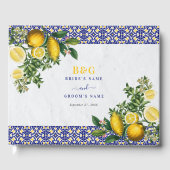 ブルーホワイトイエロー地中海のタイルレモンズ結婚ーズ ゲストブック (正面)