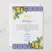 ブルーホワイトイエロー地中海のタイルレモンズ結婚ーズ サンキューカード (正面)