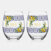 ブルーホワイトイエロー地中海のタイルレモンズ結婚ーズ ステムなしワイングラス (裏面)