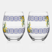 ブルーホワイトイエロー地中海のタイルレモンズ結婚ーズ ステムなしワイングラス (左)