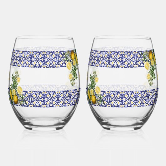 ブルーホワイトイエロー地中海のタイルレモンズ結婚ーズ ステムなしワイングラス (左)