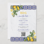 ブルーホワイトイエロー地中海のタイルレモンズ結婚ーズ セーブザデート (正面)