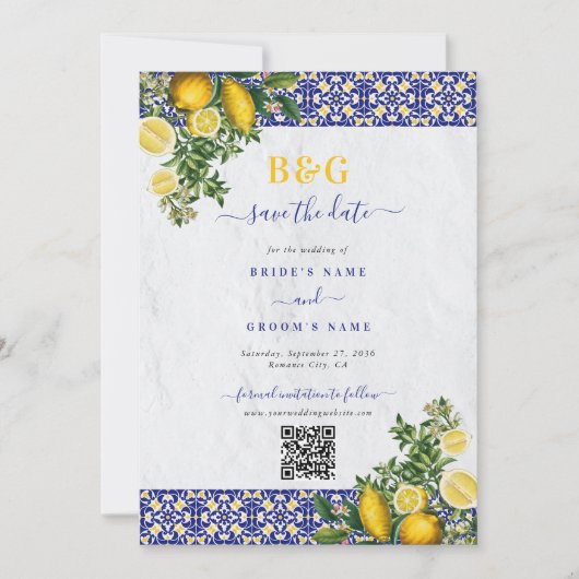 ブルーホワイトイエロー地中海のタイルレモンズ結婚ーズ セーブザデート (正面)