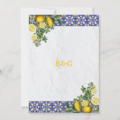 ブルーホワイトイエロー地中海のタイルレモンズ結婚ーズ セーブザデート (裏面)