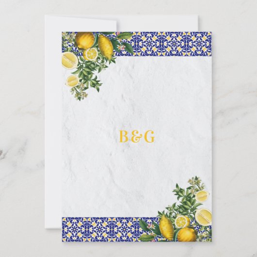 ブルーホワイトイエロー地中海のタイルレモンズ結婚ーズ セーブザデート (裏面)