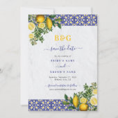 ブルーホワイトイエロー地中海のタイルレモンズ結婚ーズ セーブザデート (正面)