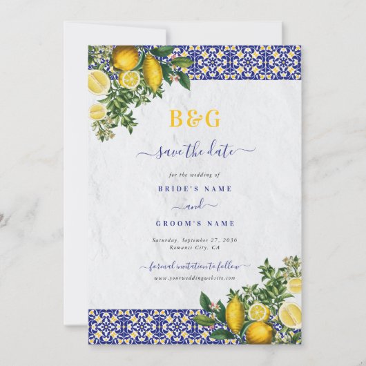 ブルーホワイトイエロー地中海のタイルレモンズ結婚ーズ セーブザデート (正面)