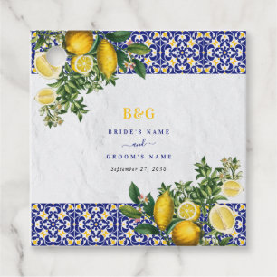 ブルーホワイトイエロー地中海のタイルレモンズ結婚ーズ フェイバータグ