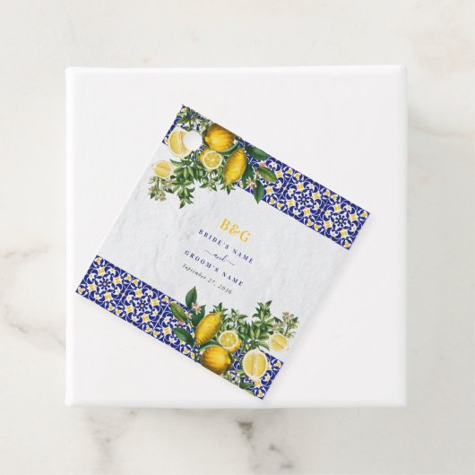 ブルーホワイトイエロー地中海のタイルレモンズ結婚ーズ フェイバータグ (インサイチュ)