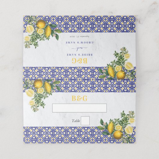 ブルーホワイトイエロー地中海のタイルレモンズ結婚ーズ プレイスカード (外部開封)