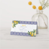 ブルーホワイトイエロー地中海のタイルレモンズ結婚ーズ プレイスカード (裏面)