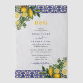 ブルーホワイトイエロー地中海のタイルレモンズ結婚ーズ ベラム紙招待状 (正面)