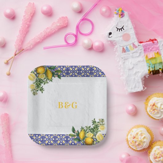 ブルーホワイトイエロー地中海のタイルレモンズ結婚ーズ ペーパープレート (パーティー)