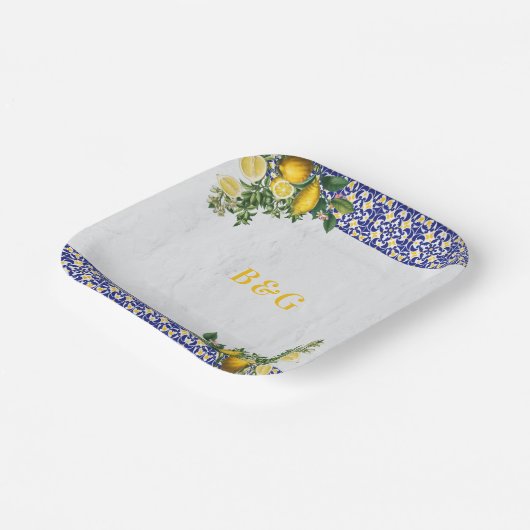 ブルーホワイトイエロー地中海のタイルレモンズ結婚ーズ ペーパープレート (傾斜あり)