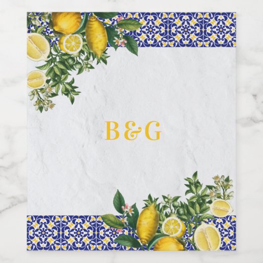 ブルーホワイトイエロー地中海のタイルレモンズ結婚ーズ ワインラベル (シングルラベル)