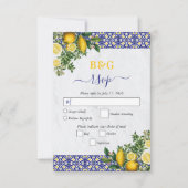 ブルーホワイトイエロー地中海のタイルレモンズ結婚ーズ 出欠カード (正面)