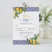 ブルーホワイトイエロー地中海のタイルレモンズ結婚ーズ 出欠カード (スタンド正面)
