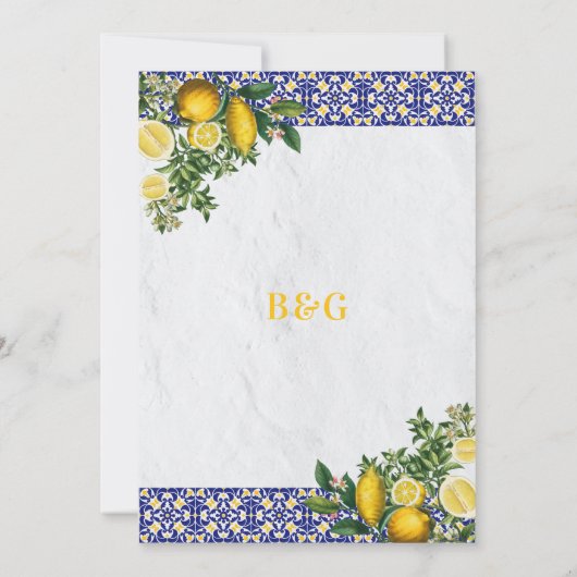 ブルーホワイトイエロー地中海のタイルレモンズ結婚ーズ 招待状 (裏面)