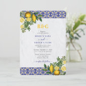 ブルーホワイトイエロー地中海のタイルレモンズ結婚ーズ 招待状 (スタンド正面)