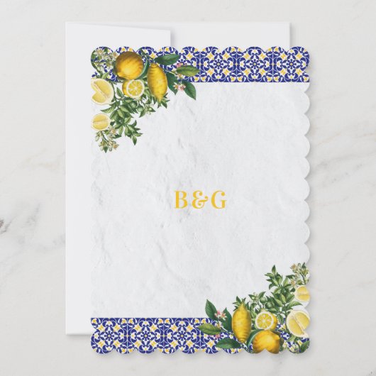 ブルーホワイトイエロー地中海のタイルレモンズ結婚ーズ 招待状 (裏面)