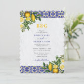 ブルーホワイトイエロー地中海のタイルレモンズ結婚ーズ 招待状 (スタンド正面)