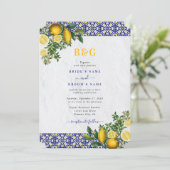 ブルーホワイトイエロー地中海のタイルレモンズ結婚ーズ 招待状 (スタンド正面)