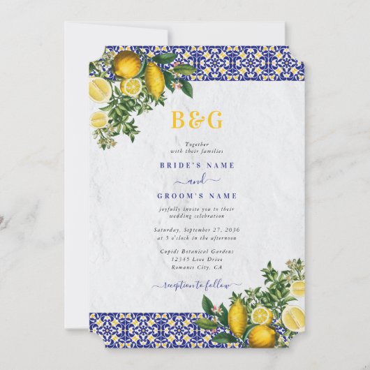 ブルーホワイトイエロー地中海のタイルレモンズ結婚ーズ 招待状 (正面)