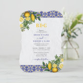 ブルーホワイトイエロー地中海のタイルレモンズ結婚ーズ 招待状 (スタンド正面)