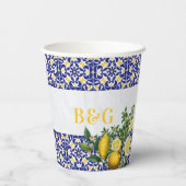 ブルーホワイトイエロー地中海のタイルレモンズ結婚ーズ 紙コップ (裏面)