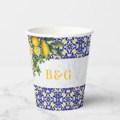 ブルーホワイトイエロー地中海のタイルレモンズ結婚ーズ 紙コップ (正面)