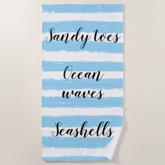 ブルーホワイトウォーター色ストライプビーチタイポグラフィ ビーチタオル (正面)