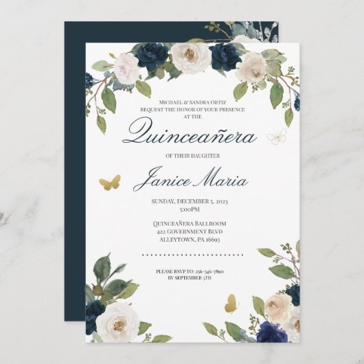 ブルーホワイトウォーター色フローラキンセエレガントニェラ 招待状 (正面/裏面)