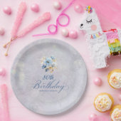 ブルーホワイトウォーター色フローラ80誕生日 ペーパープレート (パーティー)